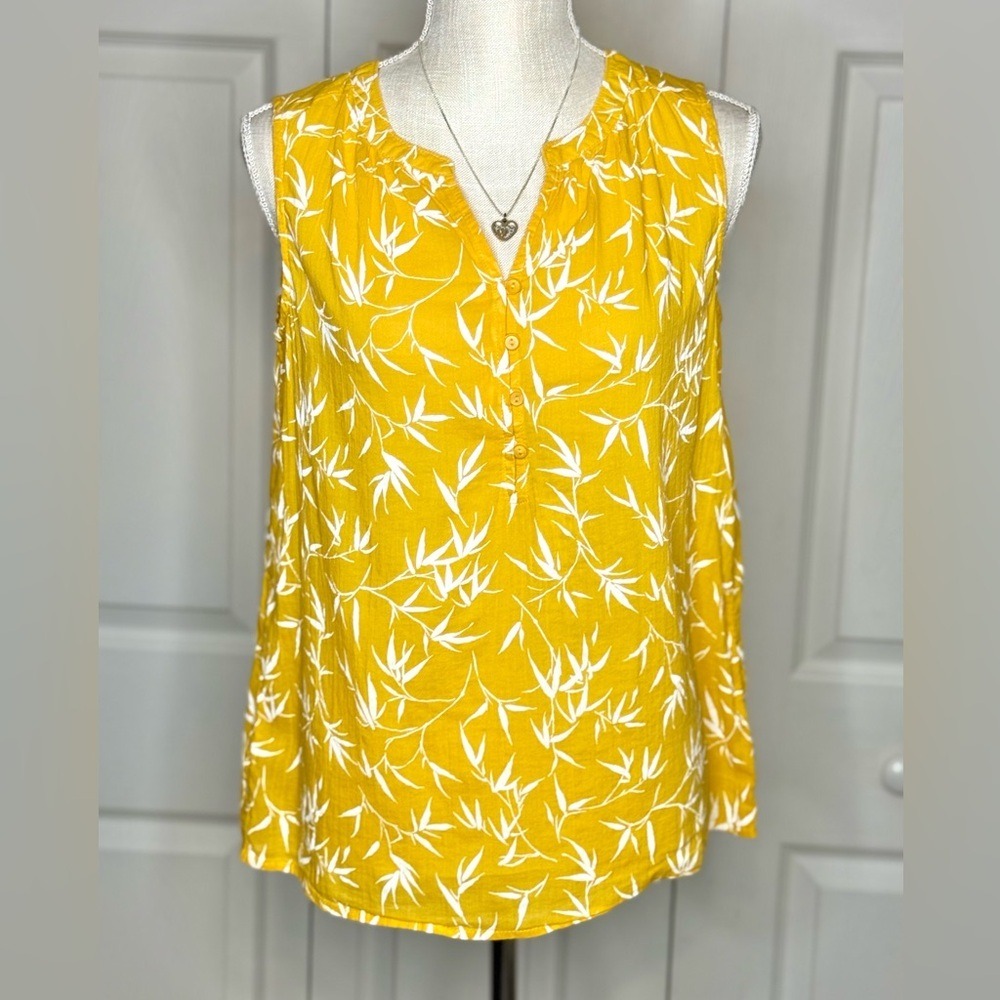 Liz Claiborne Cotton‎ Mustard Yellow Bamboo Print Sleeveless Henley Blouse Small